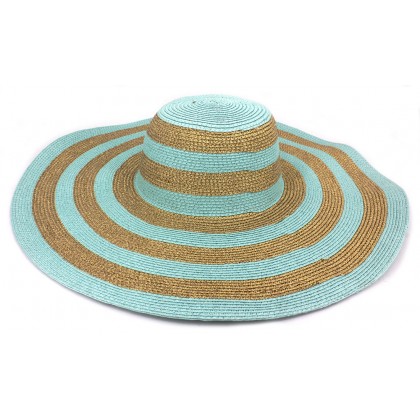 Hats – 12 PCS Wide Brim Paper Straw Hat - Aqua/Gold - HT-ST1170AQGD